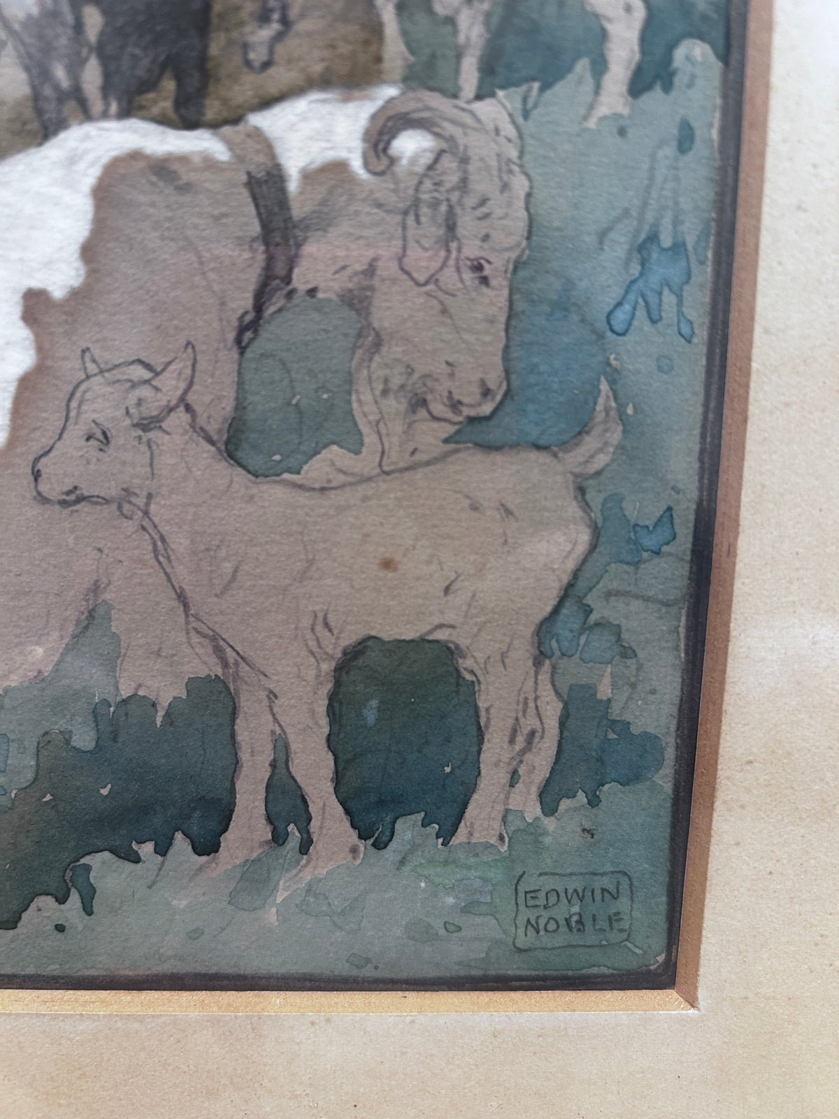 Watercolour by Edwin Noble 1876-1961 Shepherdess with Goats Signed