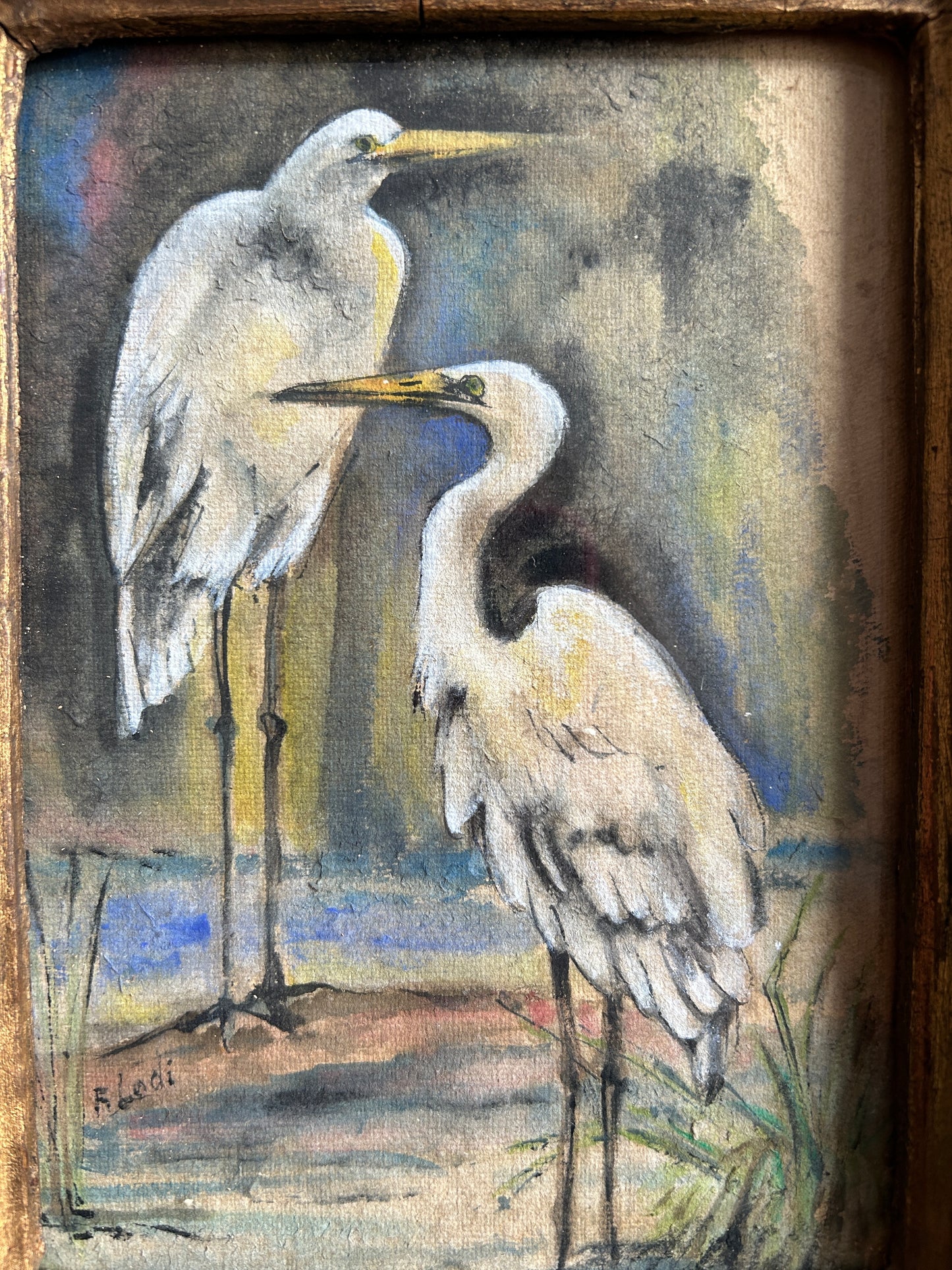 Watercolour of Two Wading Herons in Gilt Frame