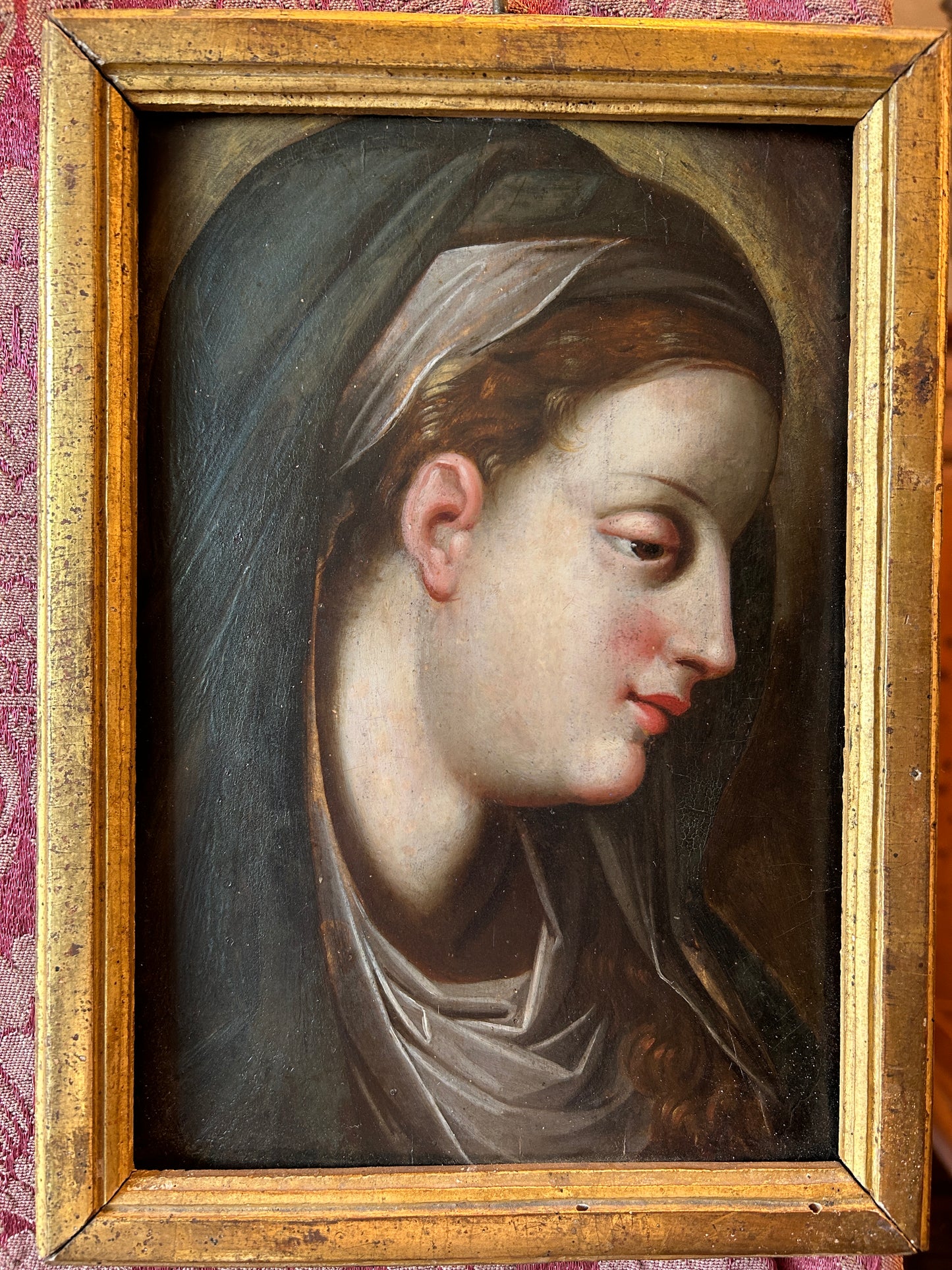 Fine del XVII splendida rappresentazione italiana della Madonna su tavola ad olio