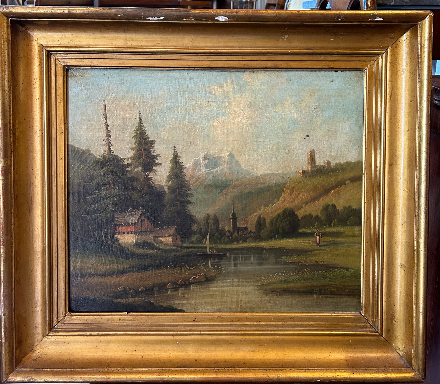 Italian 19th Century Oil on Canvas Of A Cabin In The Dolomites