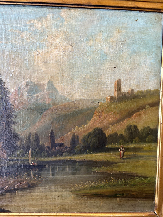 Olio su tela raffigurante una baita nelle Dolomiti, Italia del XIX secolo