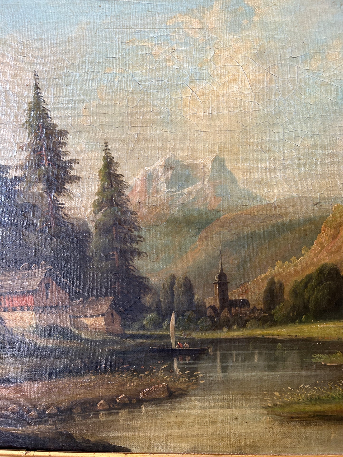 Italian 19th Century Oil on Canvas Of A Cabin In The Dolomites