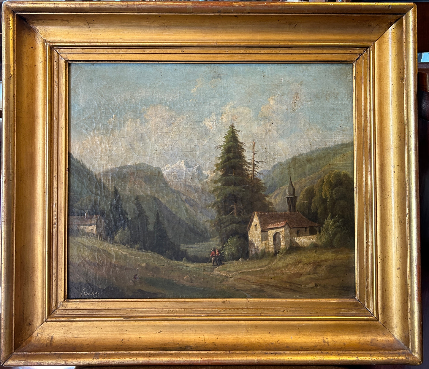 A Church in the Dolomites Italian Oil on Canvas Mid 19th Century