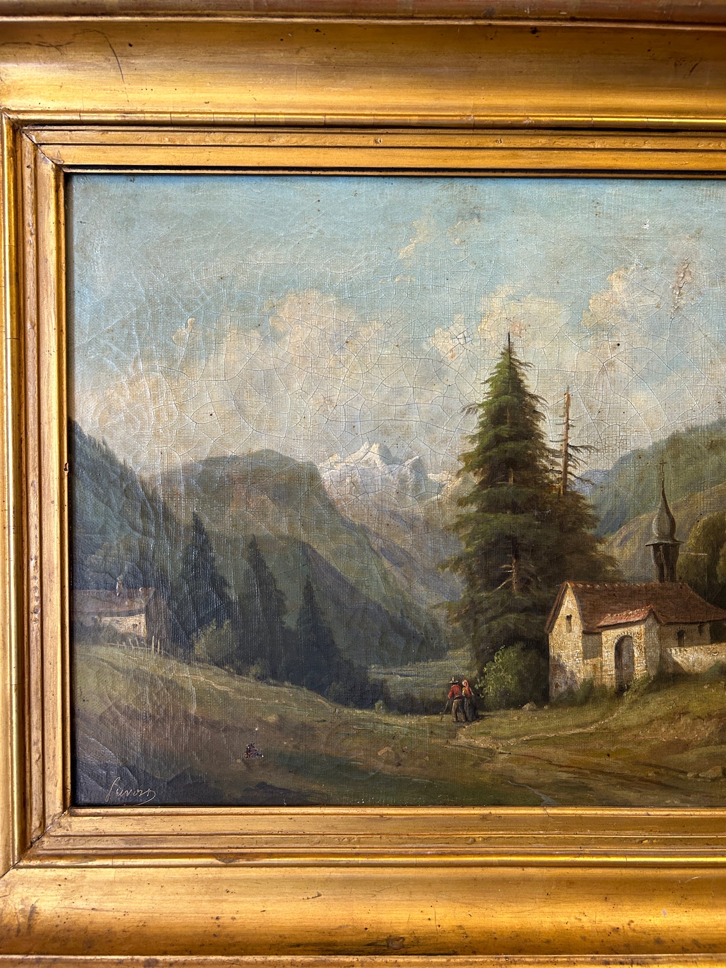 A Church in the Dolomites Italian Oil on Canvas Mid 19th Century