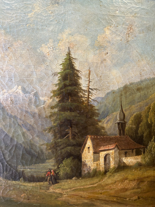 Una Chiesa nelle Dolomiti Olio su tela italiano Metà del XIX secolo