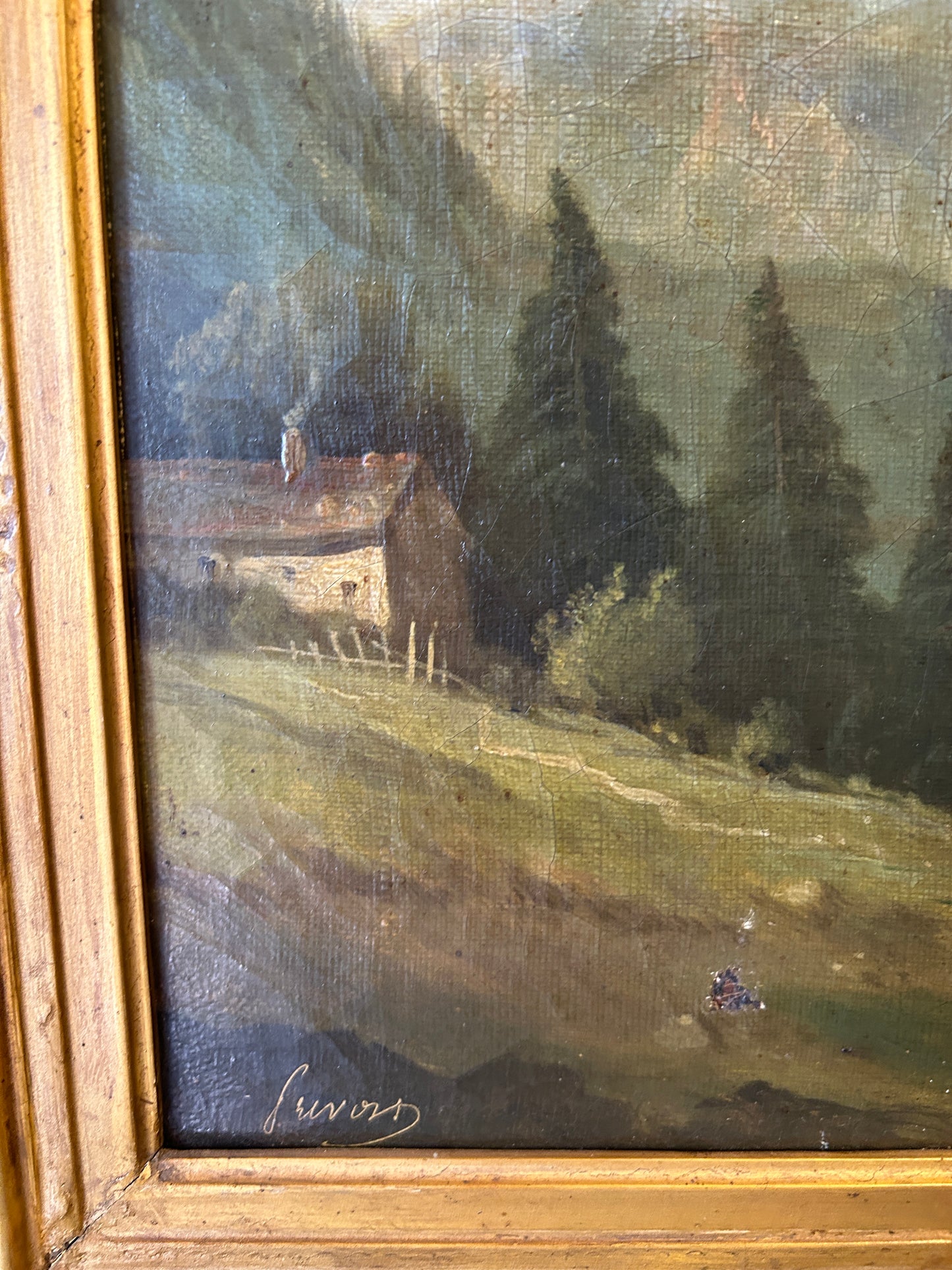 A Church in the Dolomites Italian Oil on Canvas Mid 19th Century