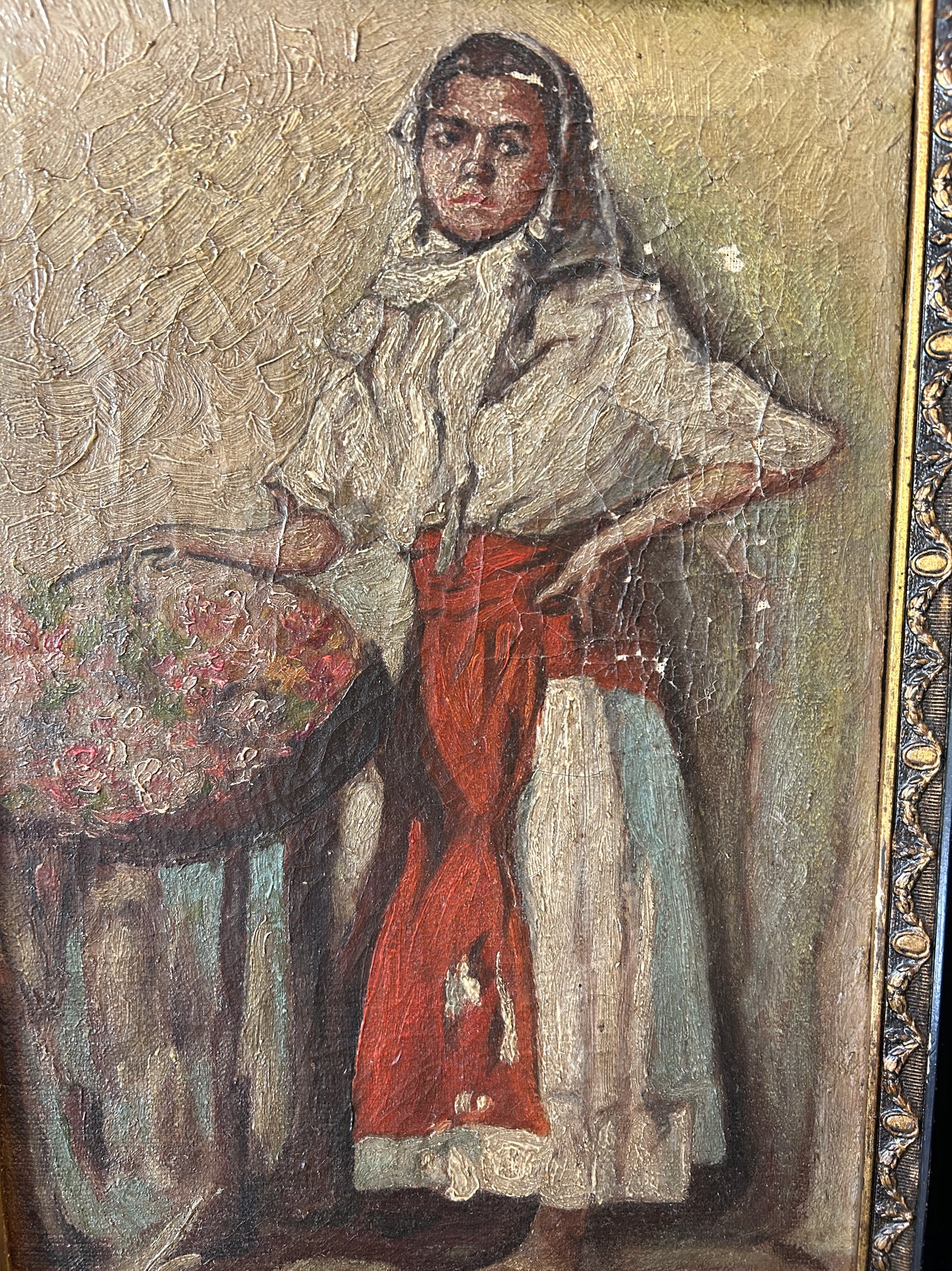 Early 20th Century Italian Flower Girl Oil on Canvas