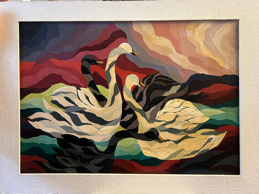 Abstract Black and White Swans by Vittoria Gomez Palome Oil on Board