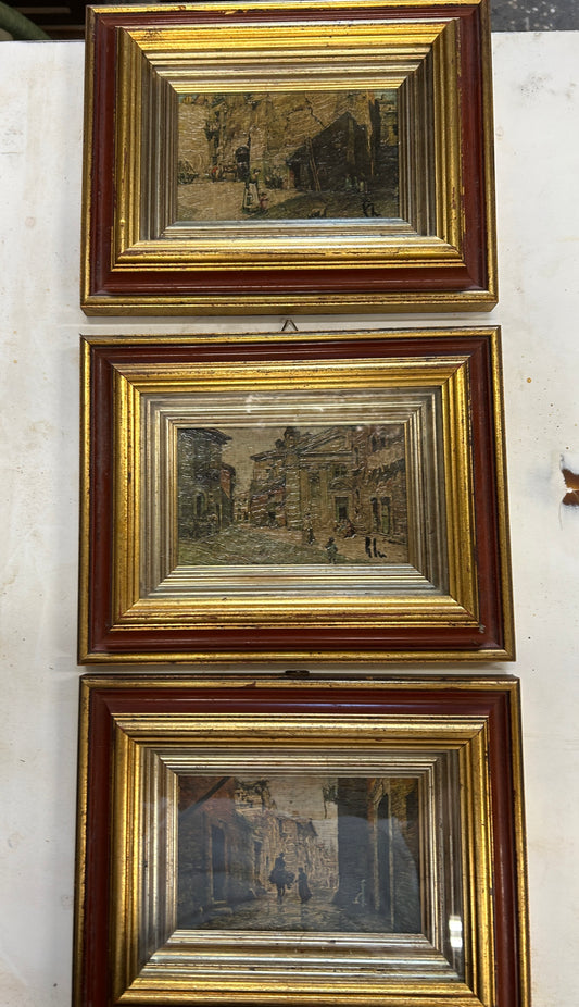 Set di tre oli regionali su tela dell'inizio del XX secolo della vita rurale italiana