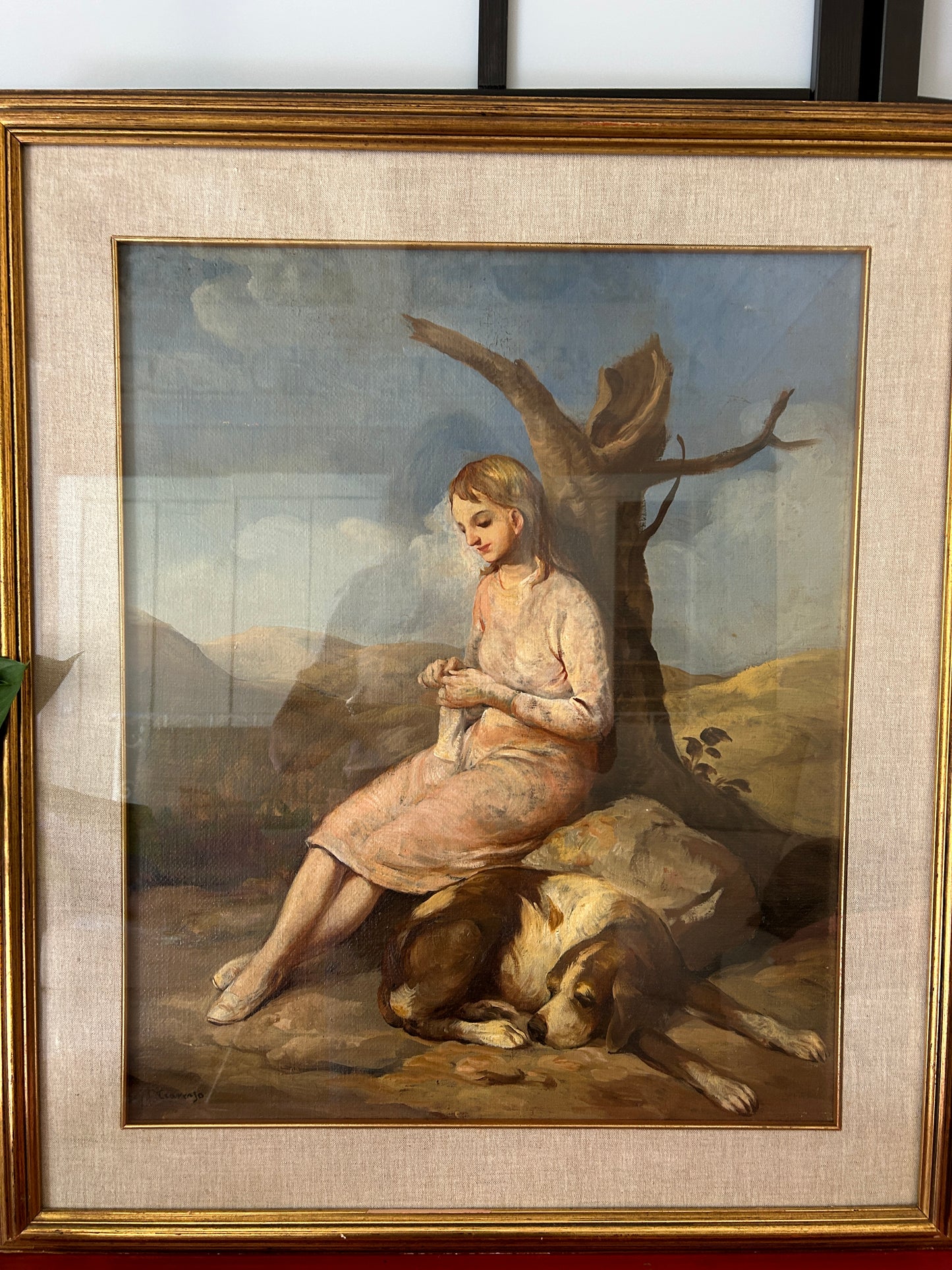 "Una ragazza e il suo cane" Olio su tela italiano dei primi del '900