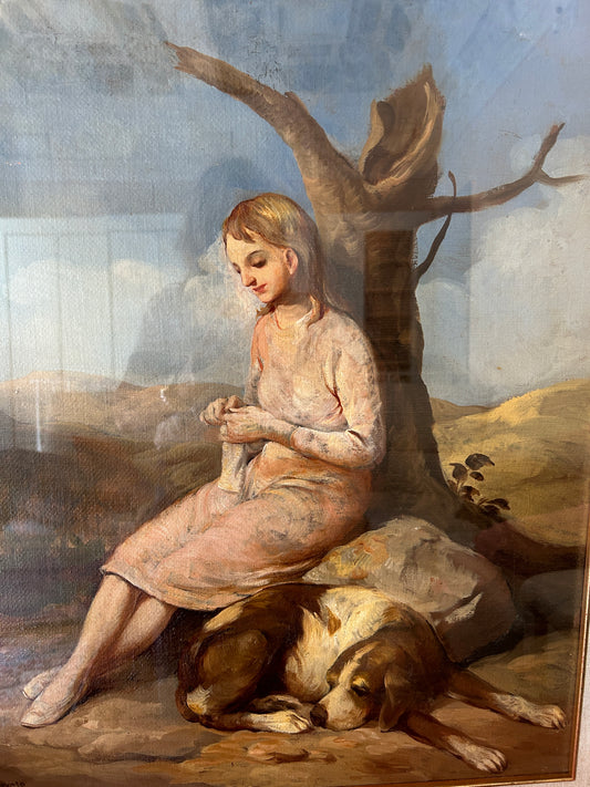 "A Girl and Her Dog" Italian Early 20th Century Oil on Canvas