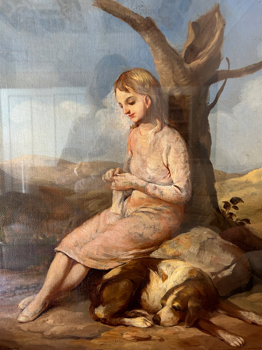 "Una ragazza e il suo cane" Olio su tela italiano dei primi del '900