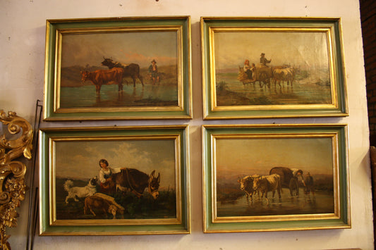 Set di 4 scene di campagna napoletana a olio su tela di inizio Ottocento