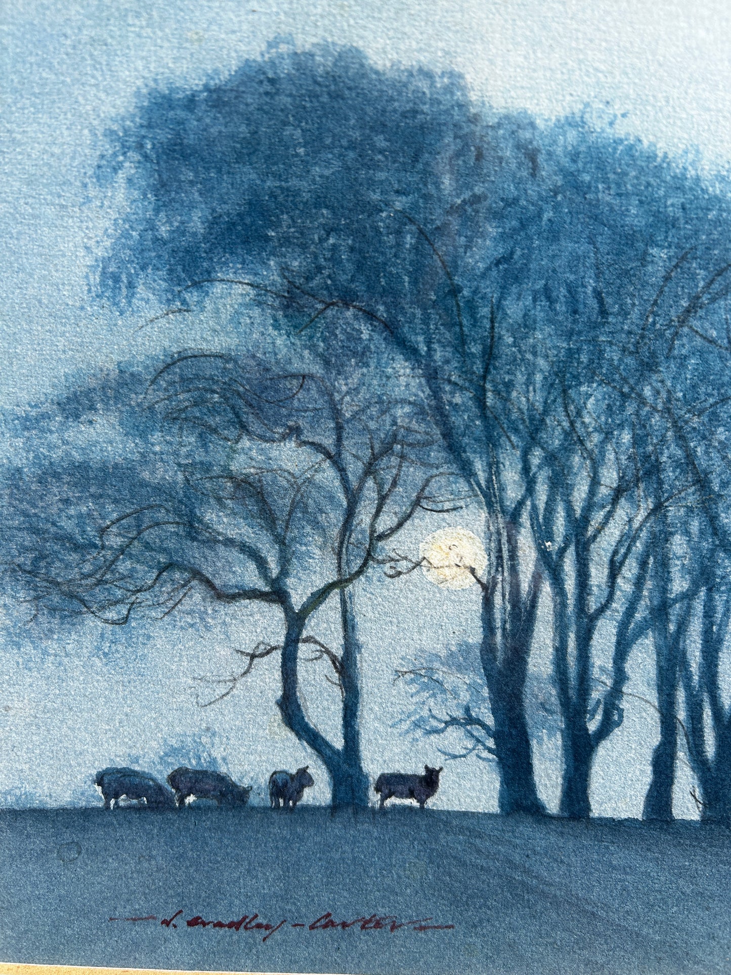 Nicolas Bradley Carter B 1924 Sheep on a Hill Under a Full Moon Watercolour