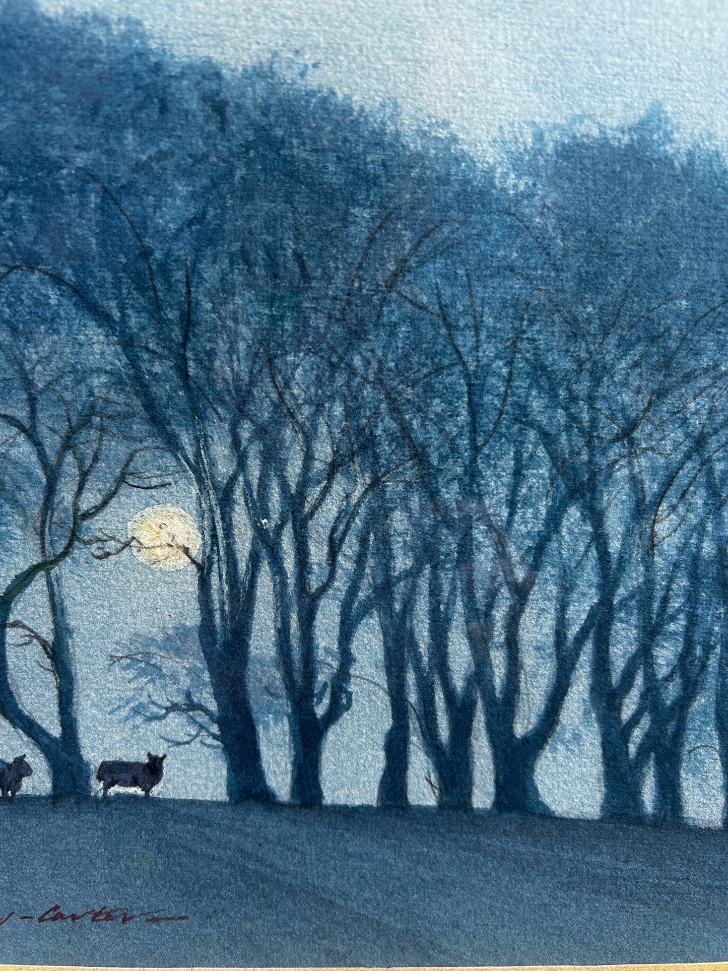 Nicolas Bradley Carter B 1924 Sheep on a Hill Under a Full Moon Watercolour