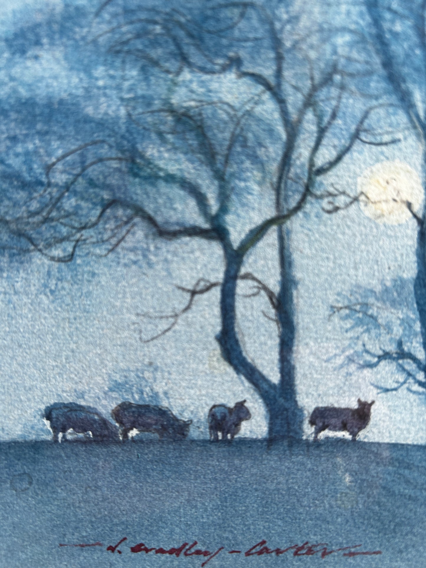 Nicolas Bradley Carter B 1924 Sheep on a Hill Under a Full Moon Watercolour