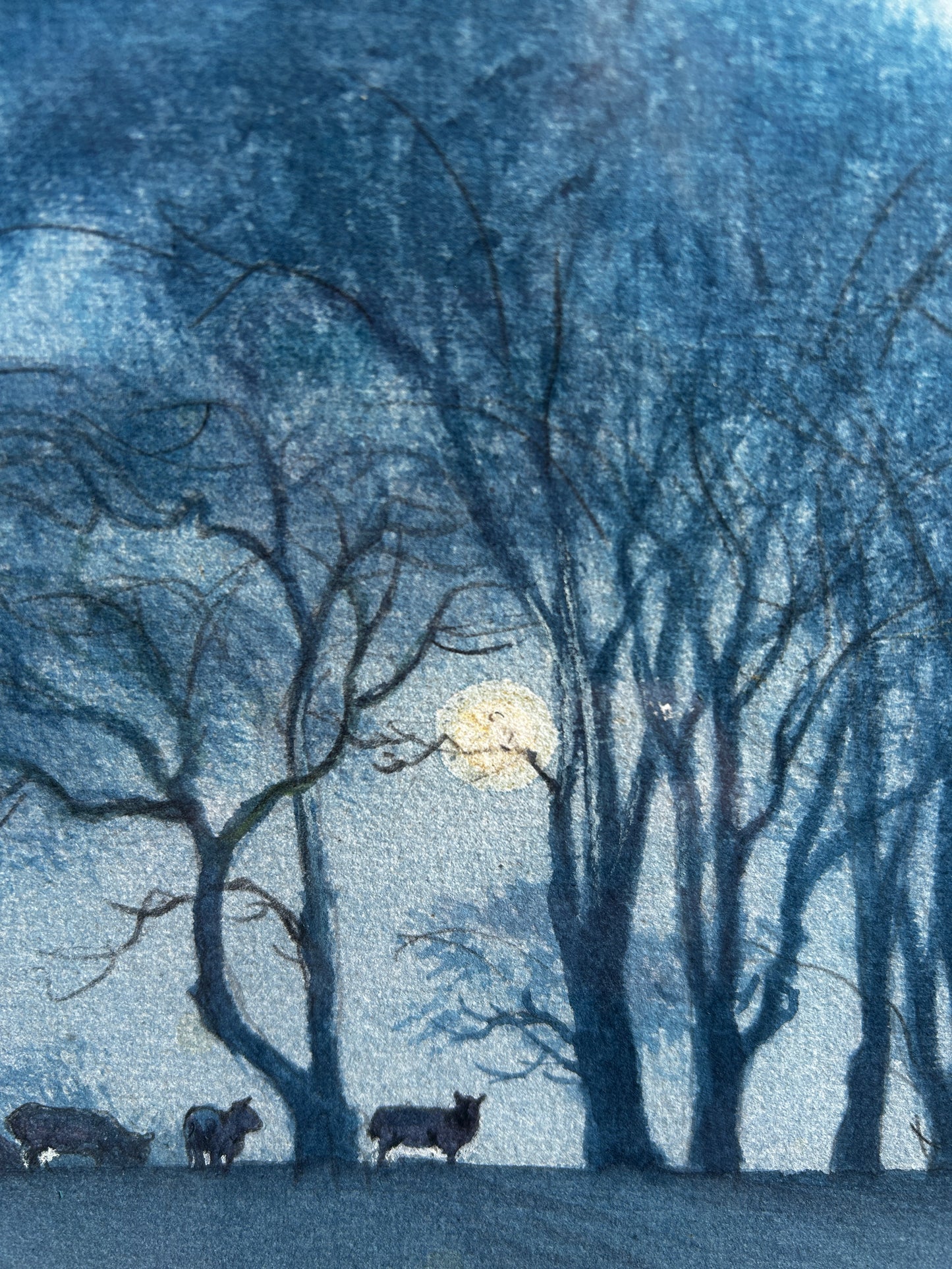 Nicolas Bradley Carter B 1924 Sheep on a Hill Under a Full Moon Watercolour