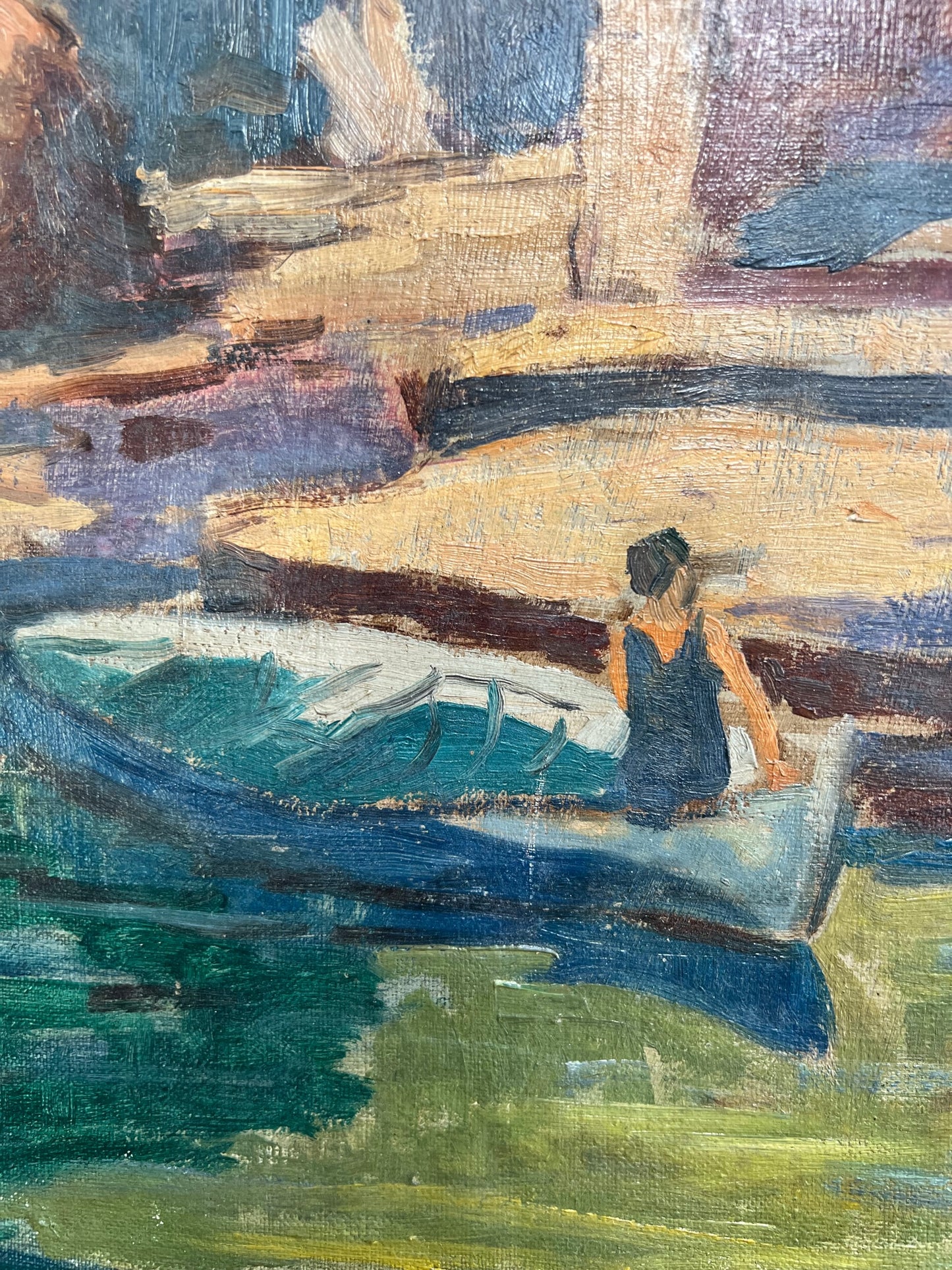 Paesaggio con canoa di DONALD BAIN 1904-1979 COLORISTA SCOZZESE OLIO SU TELA ANNI '40