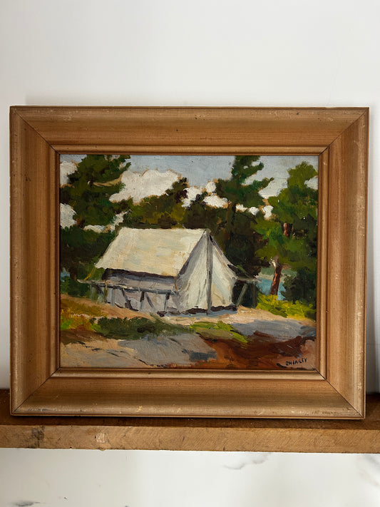 Camping scene 1940's Possibly Canada Mid Century Oil on Board