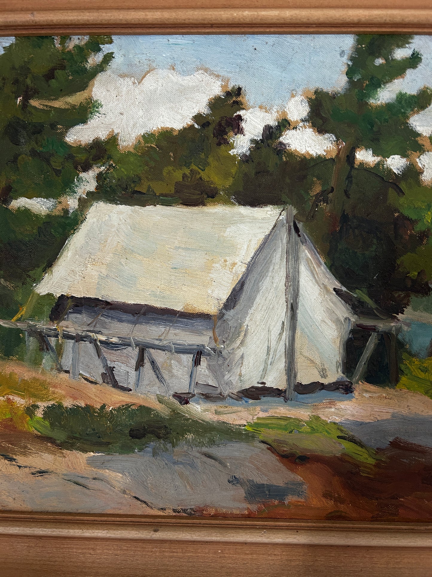 Camping scene 1940's Possibly Canada Mid Century Oil on Board