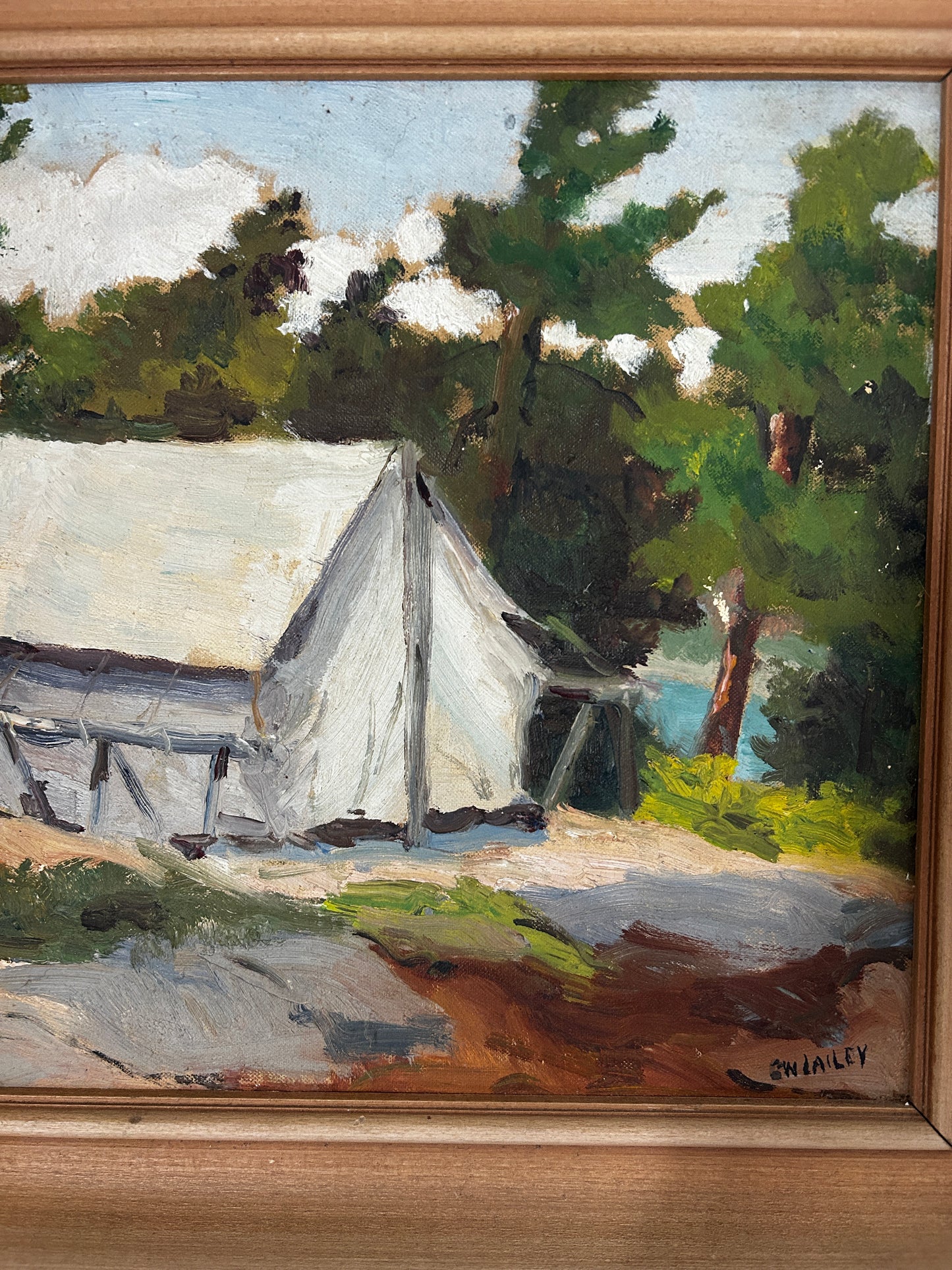 Camping scene 1940's Possibly Canada Mid Century Oil on Board