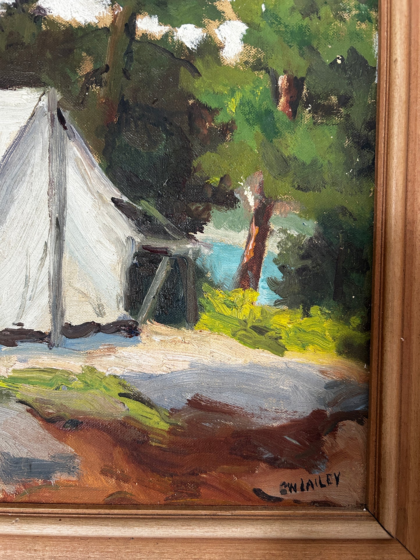 Camping scene 1940's Possibly Canada Mid Century Oil on Board