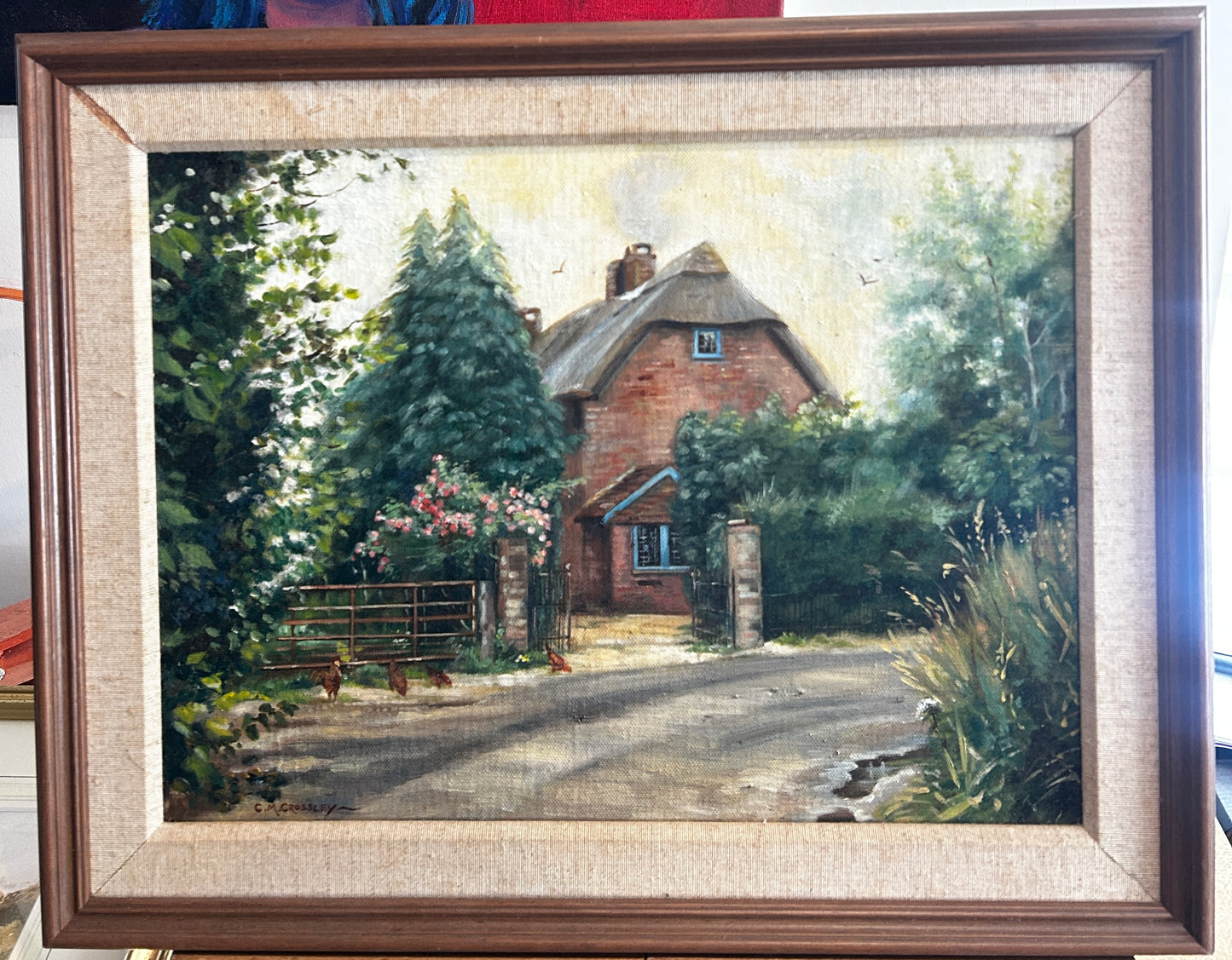 1950's Thatched Country Cottage Oil on Board Signed