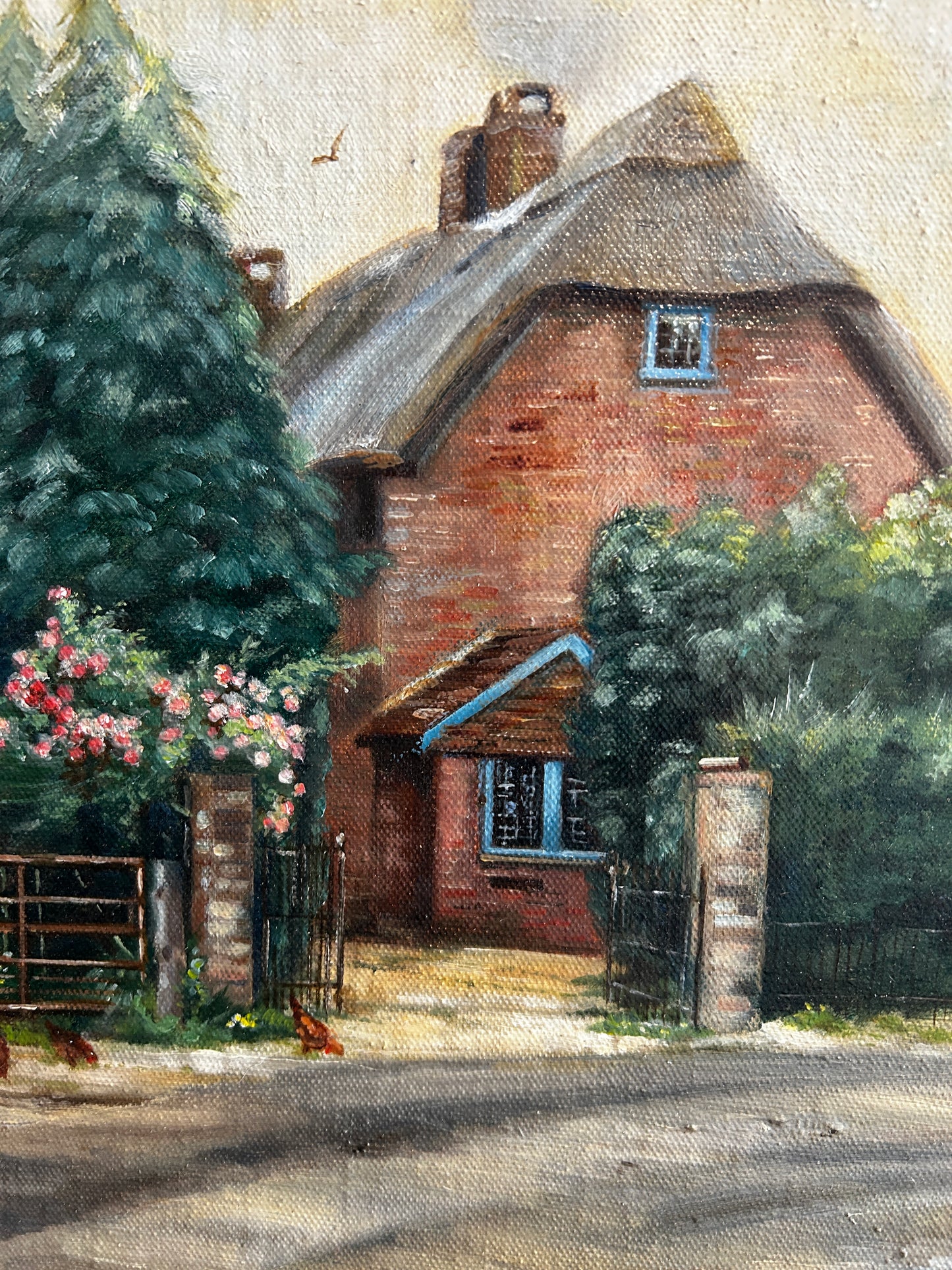 1950's Thatched Country Cottage Oil on Board Signed