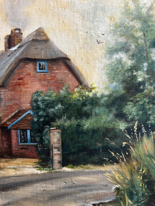 1950's Thatched Country Cottage Oil on Board Signed