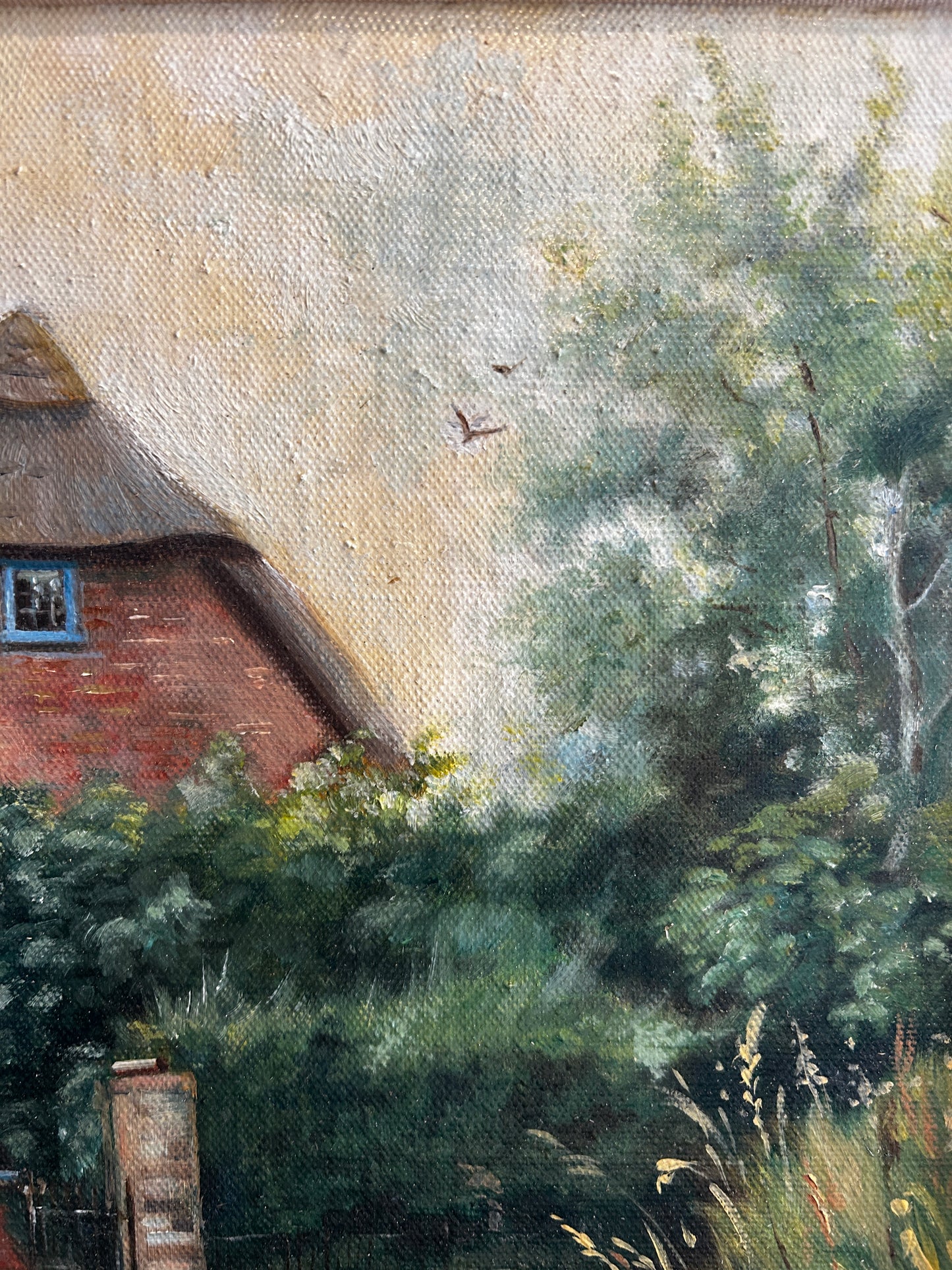 1950's Thatched Country Cottage Oil on Board Signed