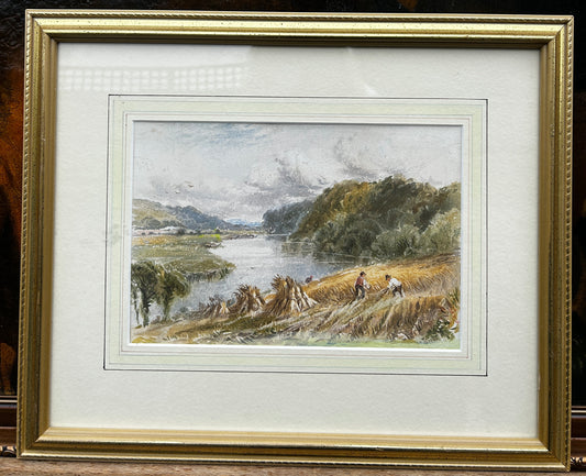 Haystack Harvest Scene Watercolour English School 1960