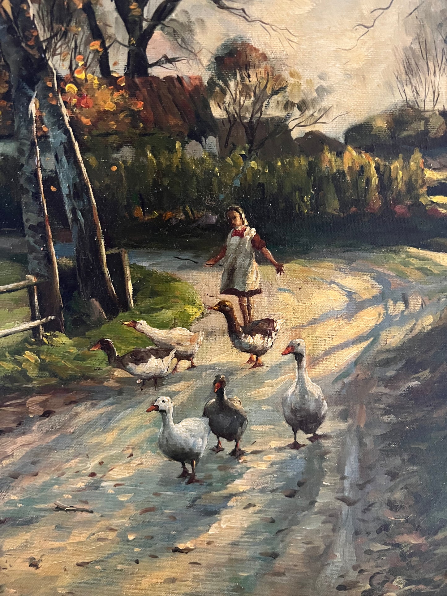 Late 19th Century Oil on Canvas Ducks and Young Girl