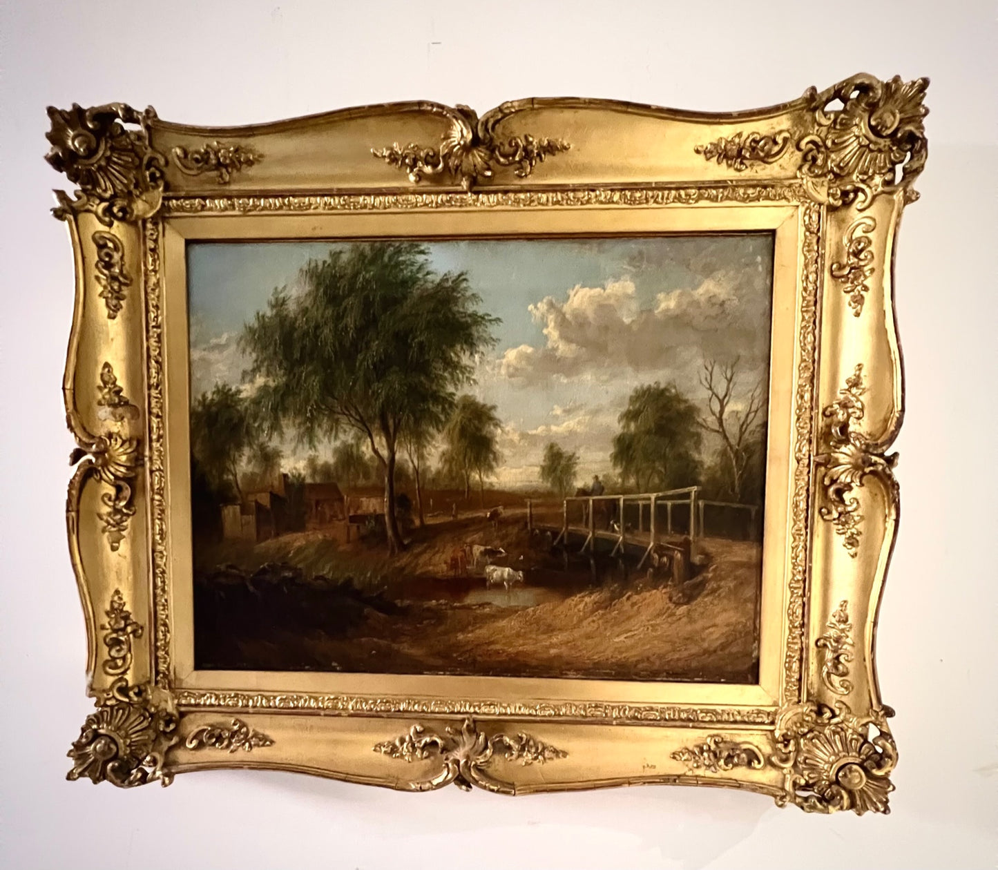 Olio su tela dell'inizio del XIX secolo - Ponte sul fiume con bestiame, forse Scuola di Norwich