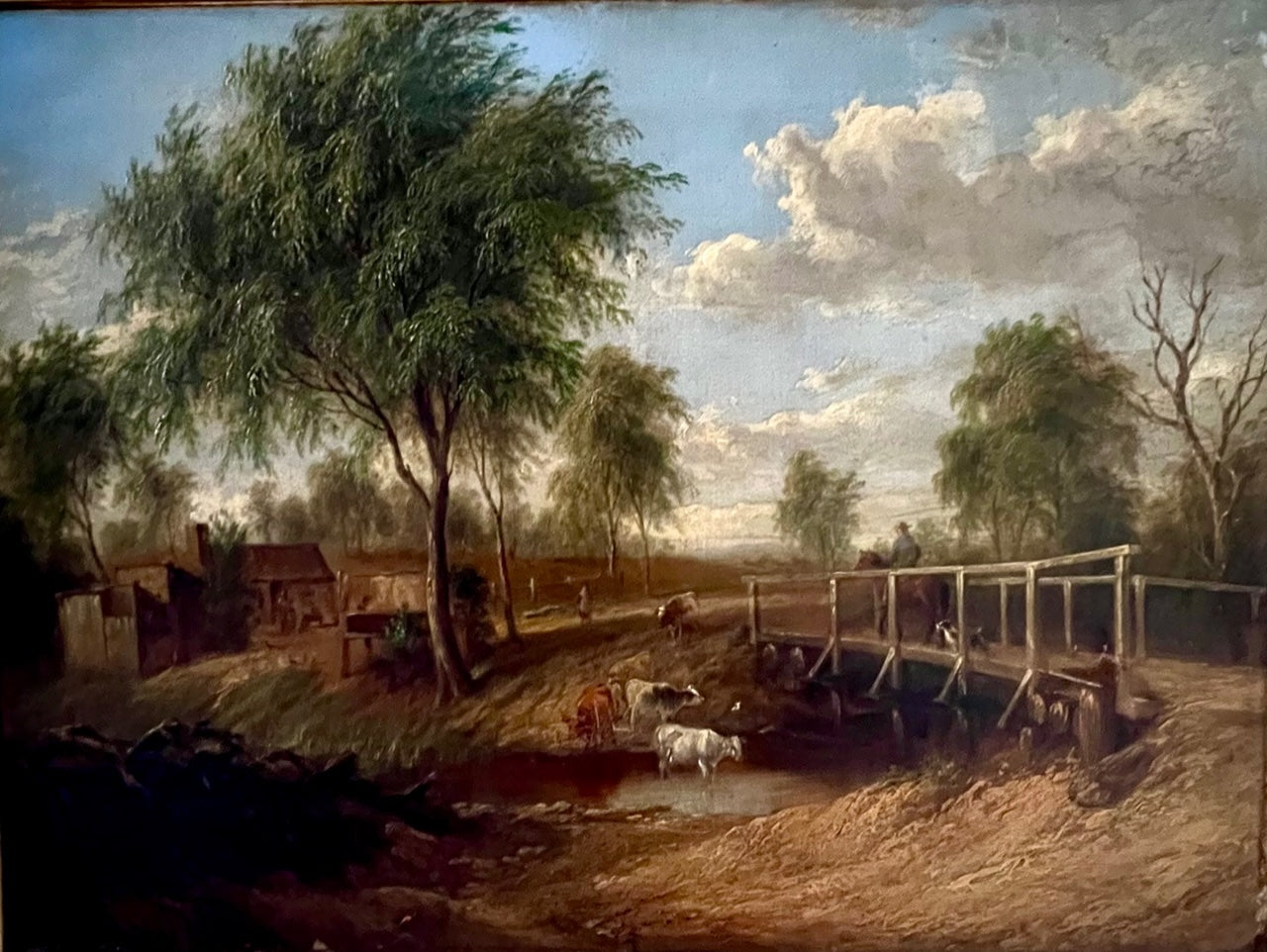 Olio su tela dell'inizio del XIX secolo - Ponte sul fiume con bestiame, forse Scuola di Norwich