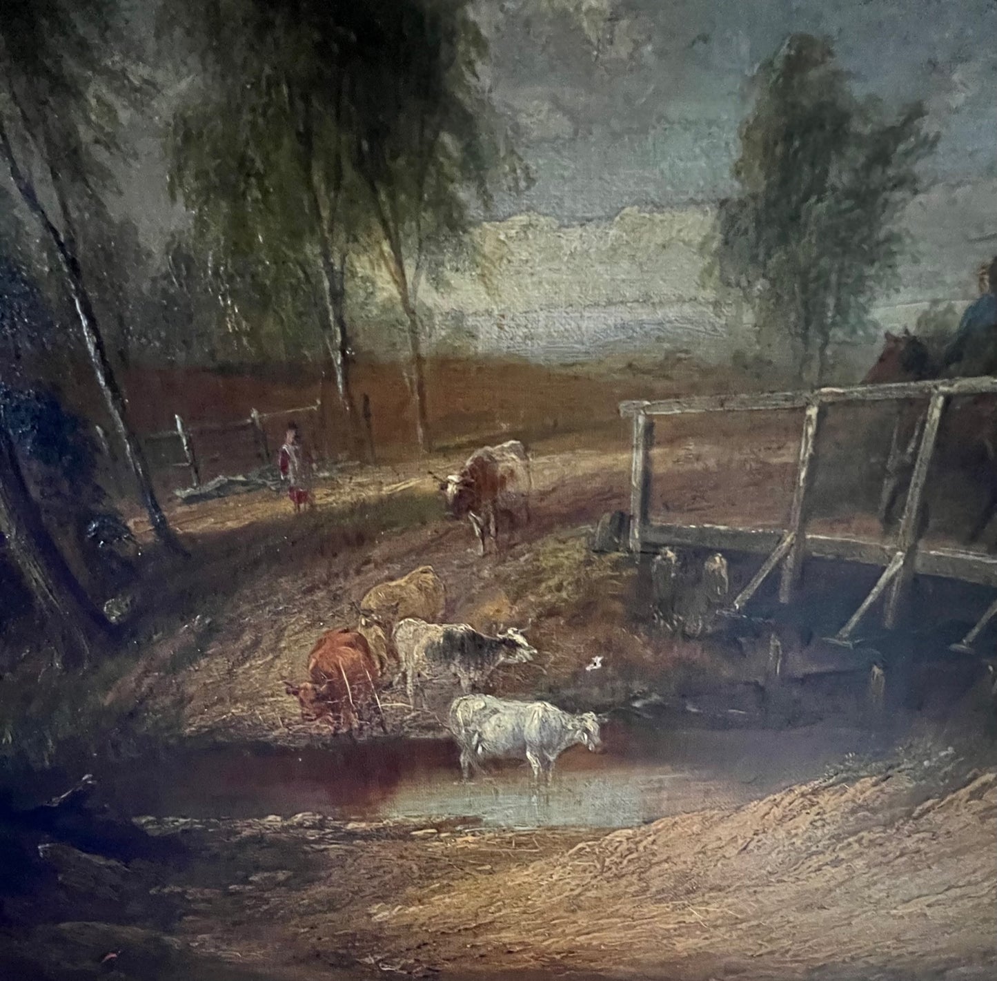 Early 19th Century Oil on Canvas - Bridge over river with Cattle possibly Norwich School