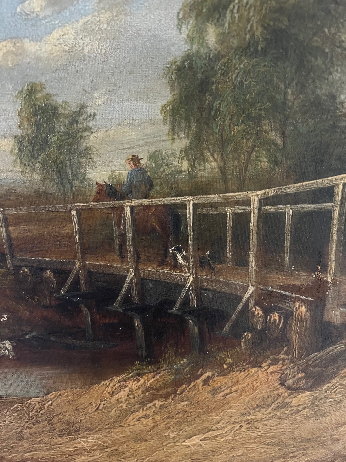 Early 19th Century Oil on Canvas - Bridge over river with Cattle possibly Norwich School