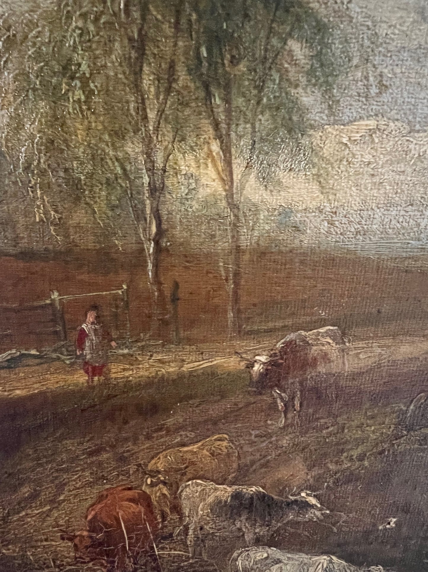 Early 19th Century Oil on Canvas - Bridge over river with Cattle possibly Norwich School