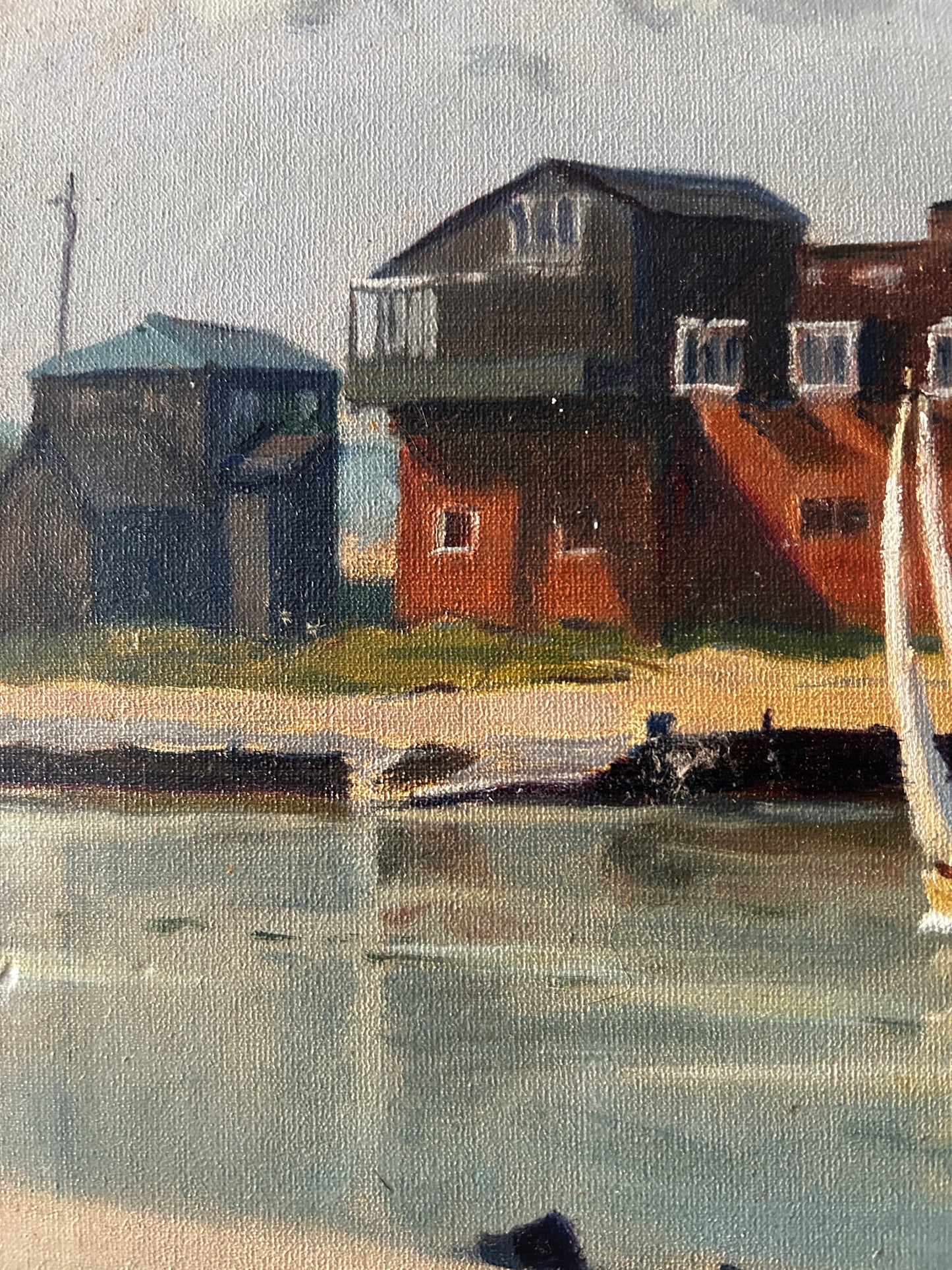Mid Century View Of Southwold Harbour Scene Oil on Board
