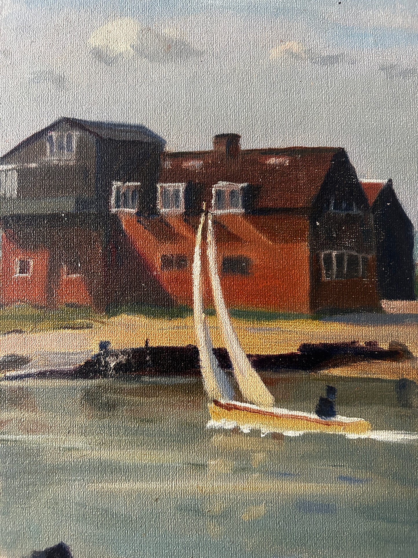 Mid Century View Of Southwold Harbour Scene Oil on Board