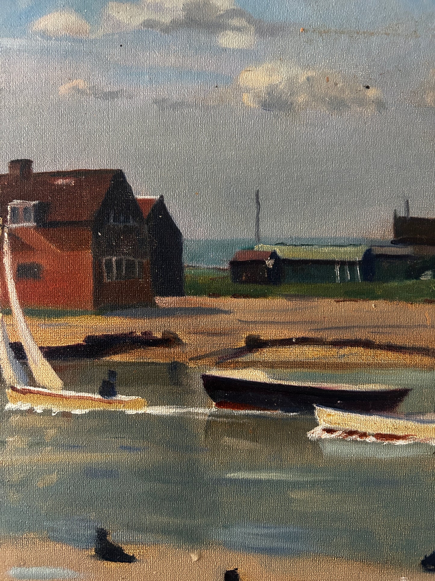 Mid Century View Of Southwold Harbour Scene Oil on Board