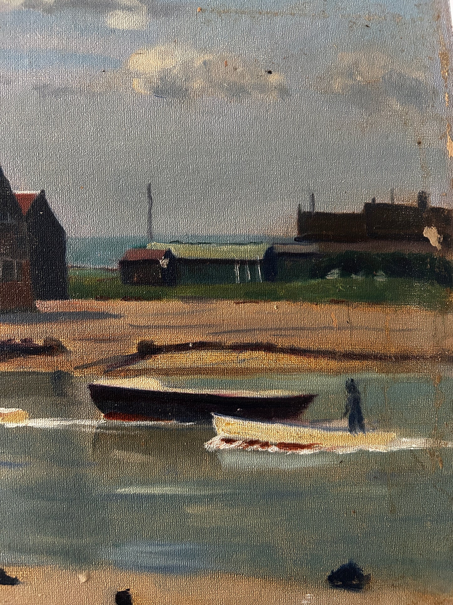 Mid Century View Of Southwold Harbour Scene Oil on Board