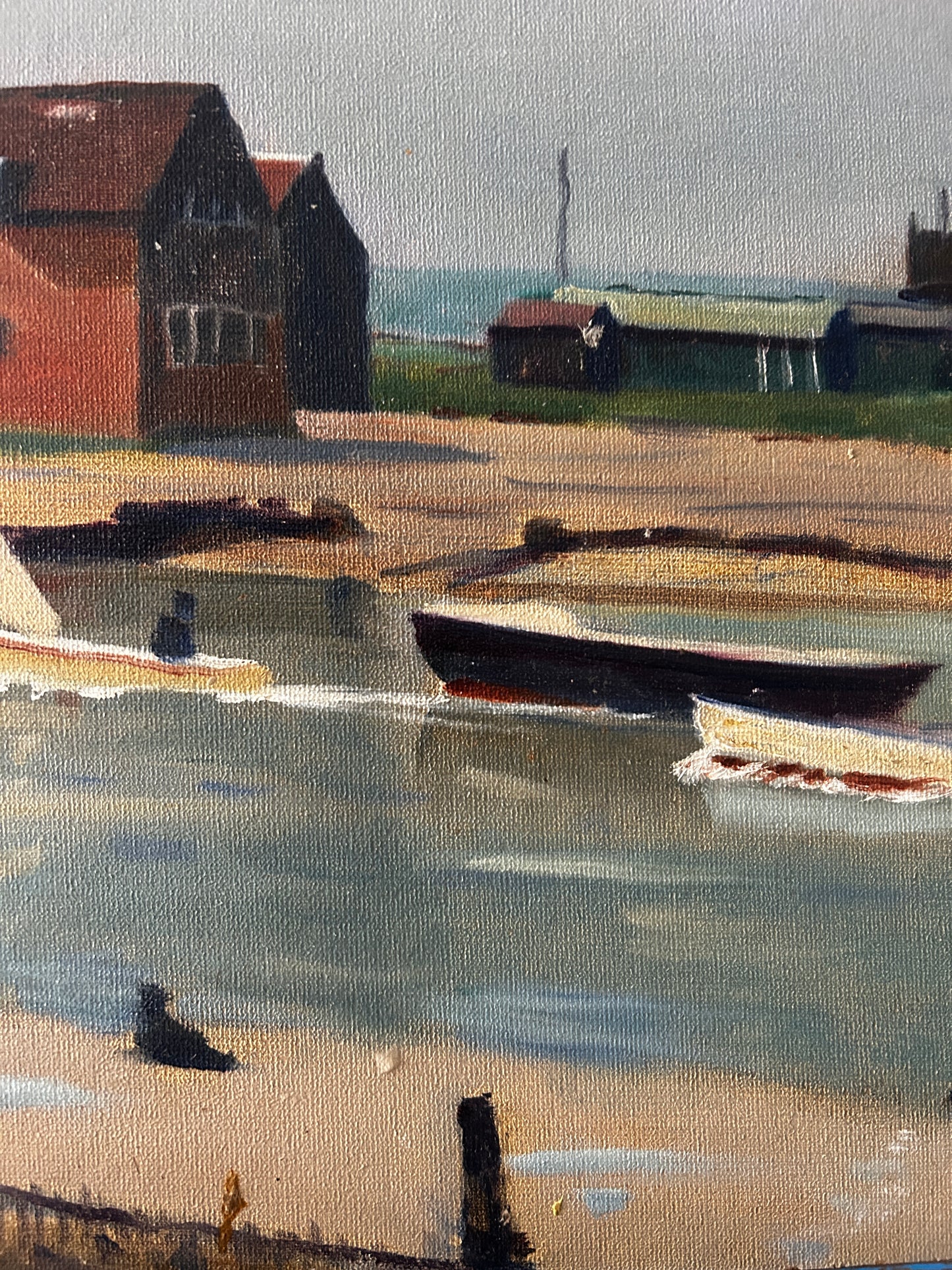 Mid Century View Of Southwold Harbour Scene Oil on Board