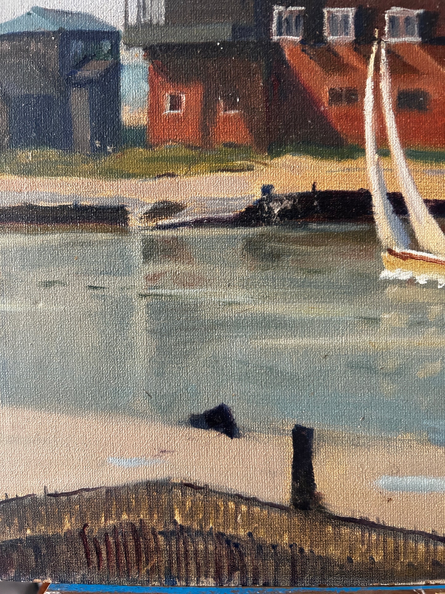 Mid Century View Of Southwold Harbour Scene Oil on Board