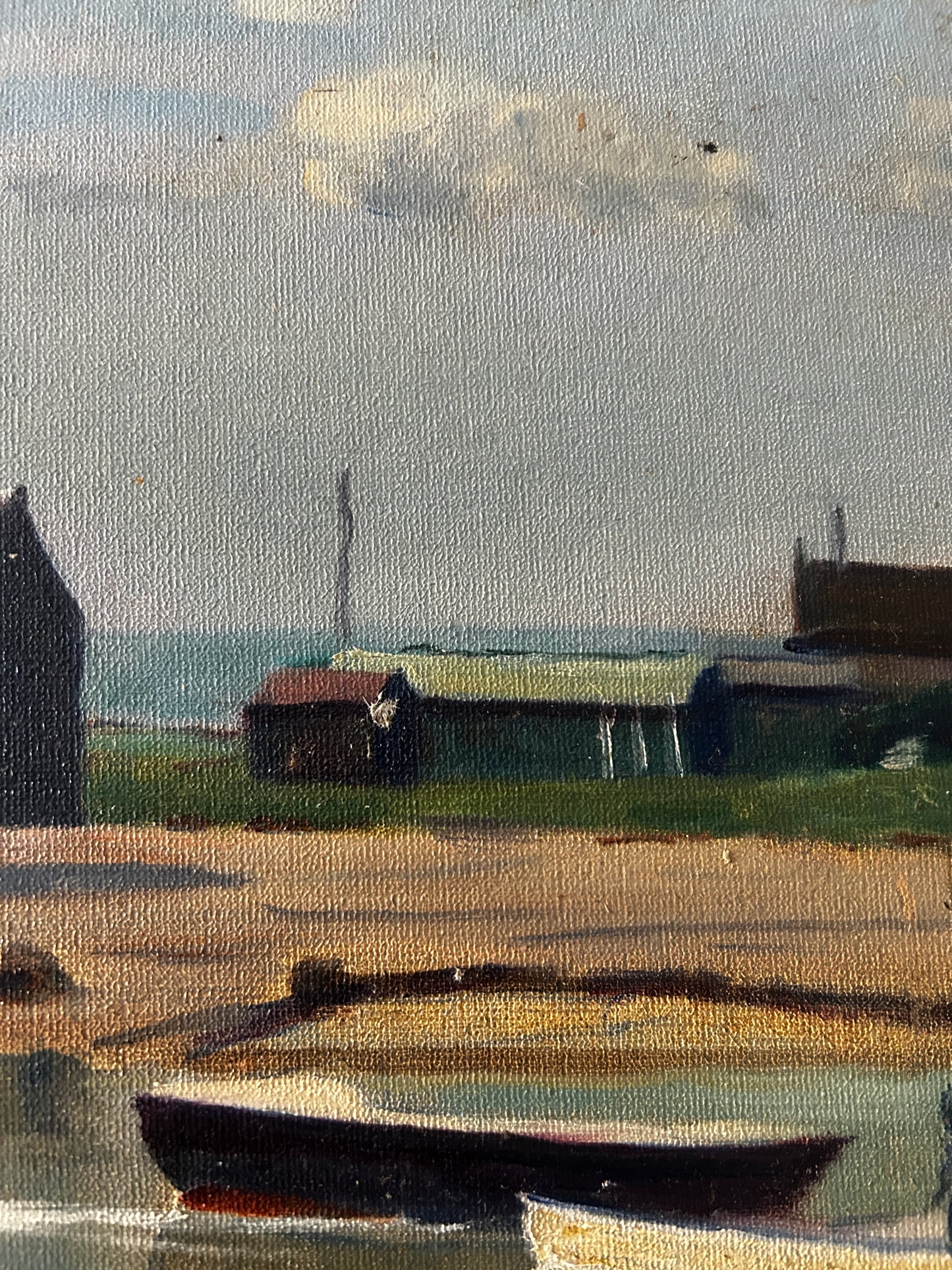 Mid Century View Of Southwold Harbour Scene Oil on Board