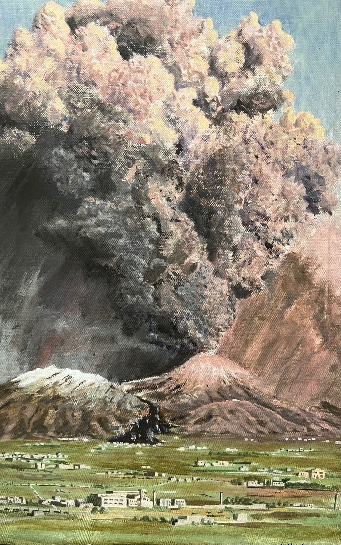 C1950S Oil on Canvas “Volcano Eruption” High quality Painting