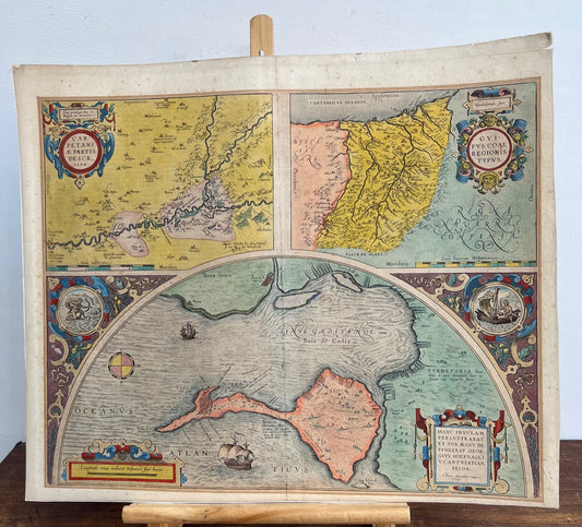 Prima mappa Ortelius della Spagna (Cadice, Gibilterra ecc.) 1608 