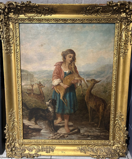 1878 Grande olio su tela “Ragazza con cerbiatto e cane”