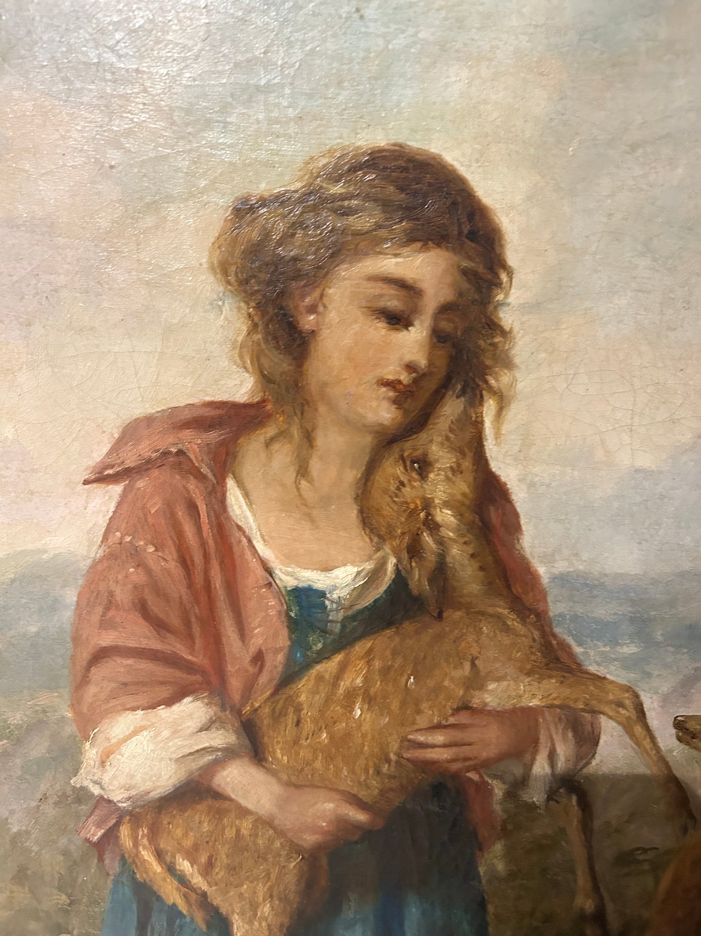 1878 Grande olio su tela “Ragazza con cerbiatto e cane”