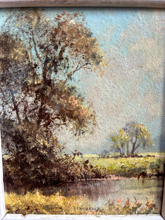 Uno straordinario piccolo olio dell'artista del Suffolk Joe Crowfoot Titles River "Waverney" a Ellington, alloggiato in una cornice dorata di alta qualità.