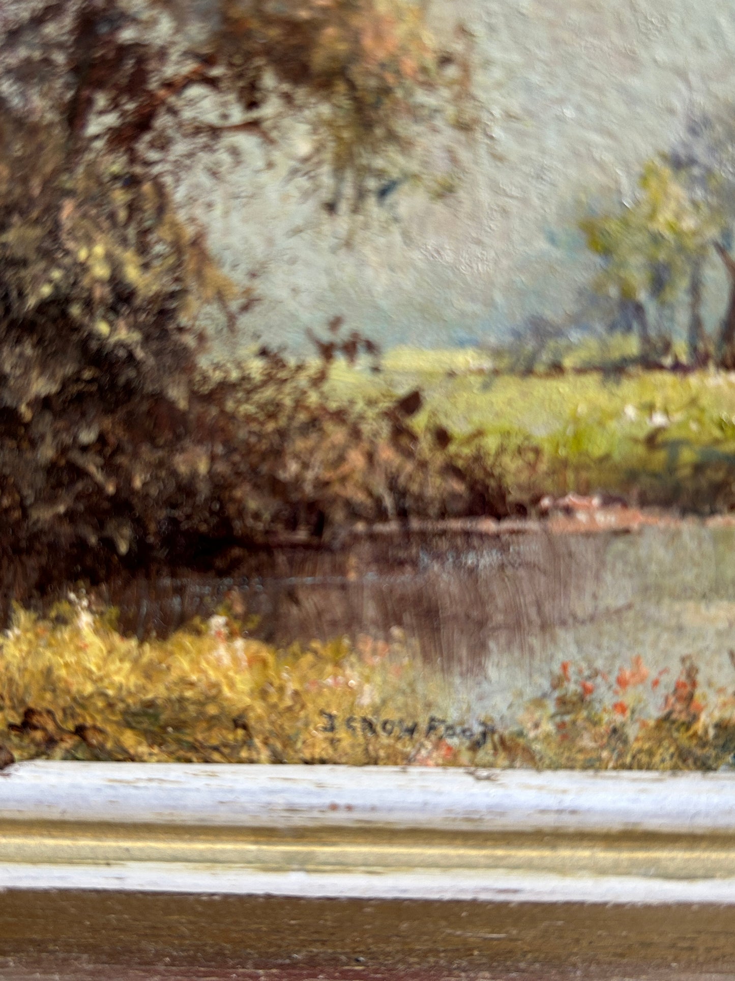 A stunning little oil  by Suffolk artist Joe Crowfoot  Titles River “Waverney” at Ellington housed in a high quality gilt frame.